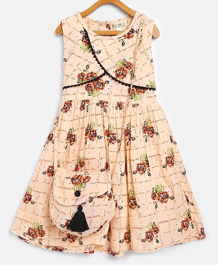Bella Moda Flower Print Sleeveless Dress With Matching Sling Bag - Cream