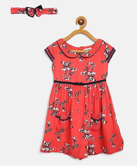 Bella Moda Flower Print Cap Sleeves Dress With Headband - Pink