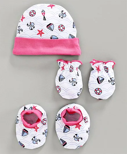 Babyhug Cap, Mittens & Booties Set Pink White - Diameter 11.5 cm