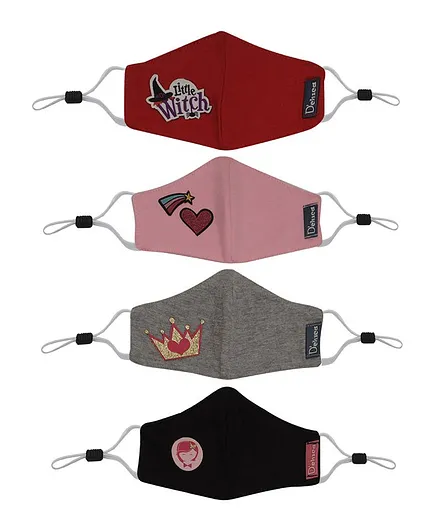 D'chica Crown & Heart Set of 4 2-Ply Masks - Red Pink Grey & Black