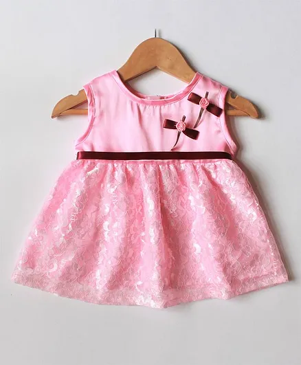Many frocks & Sleeveless Bow & Rose Detailed Flower Embroidery Fit & Flare Baby Party Dress - Pink