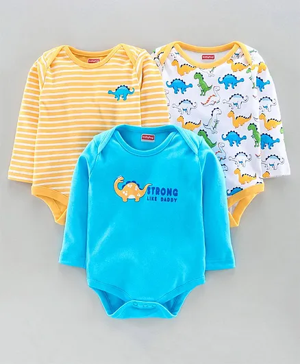 Babyhug 100% Cotton Full Sleeves Onesies Pack of 3 - Blue Yellow