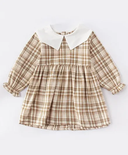 Kookie Kids Circular Flounce Sleeves Check Frock - Dark Brown