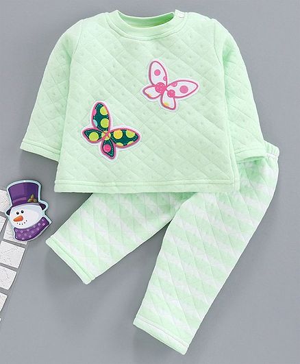 Tappintoes Full Sleeves Quilted Winter Wear Suit Butterfly Patch - Green