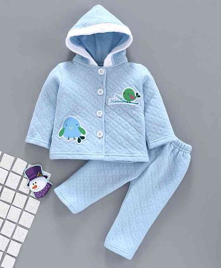 Tappintoes Full Sleeves Winter Wear Hooded Suit Bird Patch - Blue