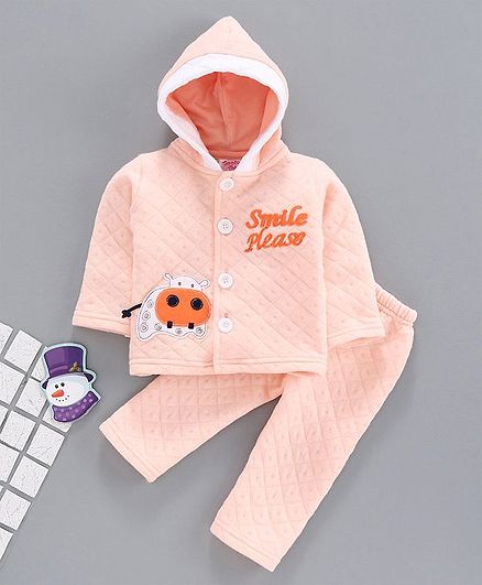 Tappintoes Full Sleeves Winter Wear Hooded Suit Cow Patch - Peach