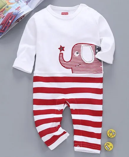 Babyhug 100% Cotton Full Sleeves Striped Romper Elephant Embroidery - Red