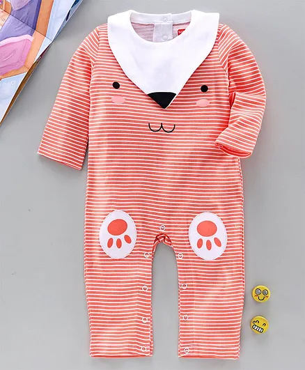 Babyhug 100% Cotton Full Sleeves Striped Romper with Bib - Orange