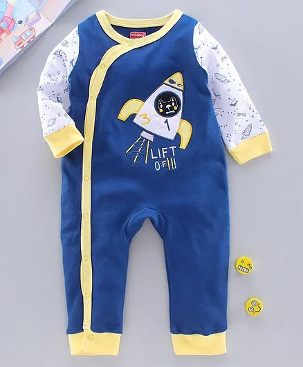 Babyhug 100%Cotton Full Sleeves Romper Rocket Embroidery - Royal Blue