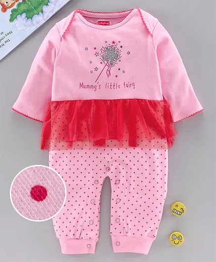 Babyhug 101% Full Sleeves Romper Dot & Star Print - Pink