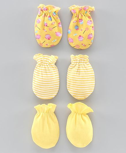 Babyhug 100% Cotton Mittens Printed & Solid Color Pack of 3 - Yellow