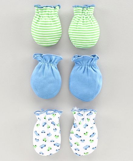 Babyhug 100 % Cotton Mittens Pack of 3 - Green Blue