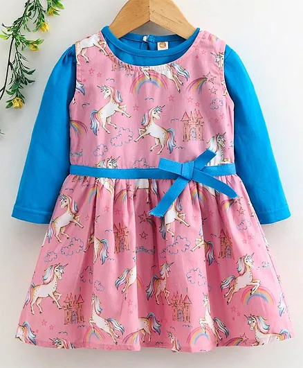 Dew Drops Frock With Full Sleeves Inner Tee Unicorn Print - Peach