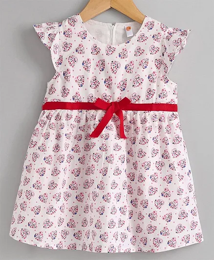 Dew Drops Cap Sleeves Frock with Full Sleeves Shrug Heart Print - Red White