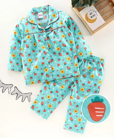 Babyhug Full Sleeves Woven Night Suit Floral & Strawberry Print - Sea Blue