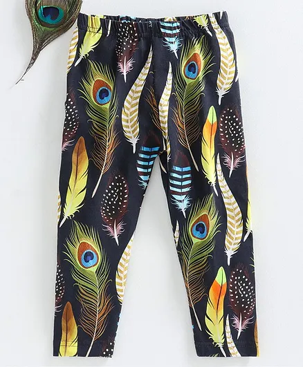 Ollypop Full Length Leggings Peacock Feather Print - Blue