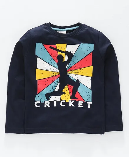 Lazy Bones Full Sleeves Tee Cricket Print - Navy Blue