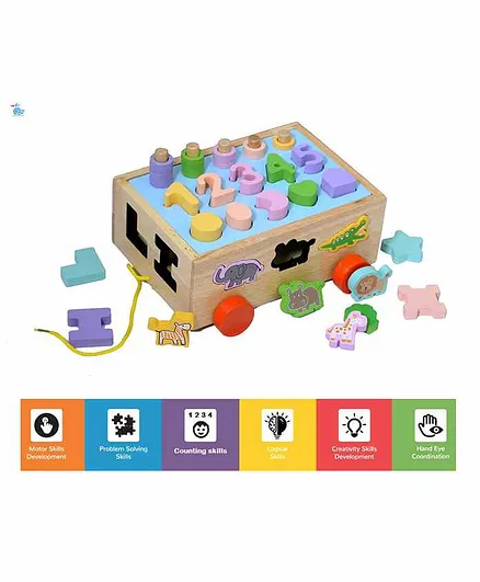 HNT Kids 4 in 1 Wooden Digital Matching Pull Along Shape Sorter Tractor - Multicolor