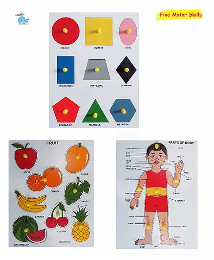 HNT Kids Premium Wooden Knob & Peg Puzzle Multicolor - Pack of 3