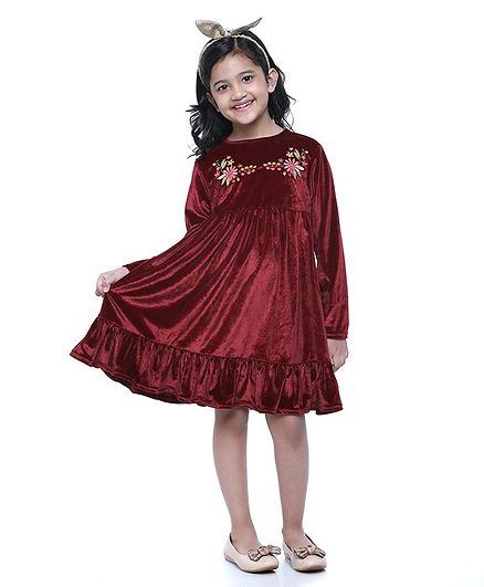 Pine Kids Party Wear Full Sleeves Frock Floral Embroidery - Red