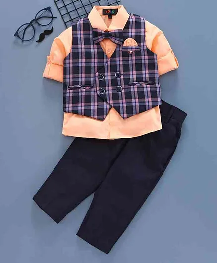 Robo Fry 3 Piece Full Sleeves Checked Party Suit with Bow - Purple Peach