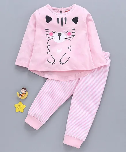 Babyhug Full Sleeves Night Suit Kitty Print - Pink