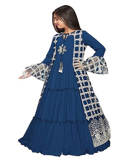 Betty By Tiny Kingdom Embroidery Detailing Tiered Gown With Full Sleeves Jacket - Blue