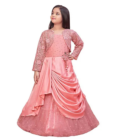 Betty By Tiny Kingdom Sequin Detailing Designer Gown With Flower Embroidered Shrug - Pink