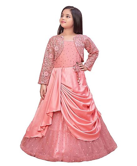 Betty By Tiny Kingdom Sequin Detailing Designer Gown With Flower Embroidered Shrug - Pink