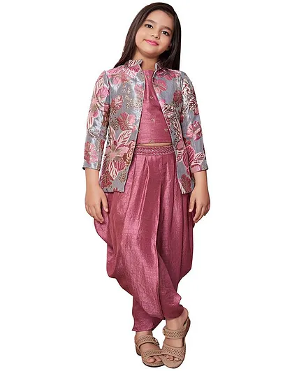 Betty By Tiny Kingdom Sleeveless Top & Dhoti With Flower Embroidery Detailing Jacket - Purple