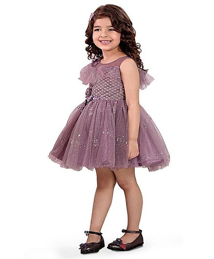 Betty By Tiny Kingdom Short Sleeves Flower Applique Sequin Detailing Dress - Purple