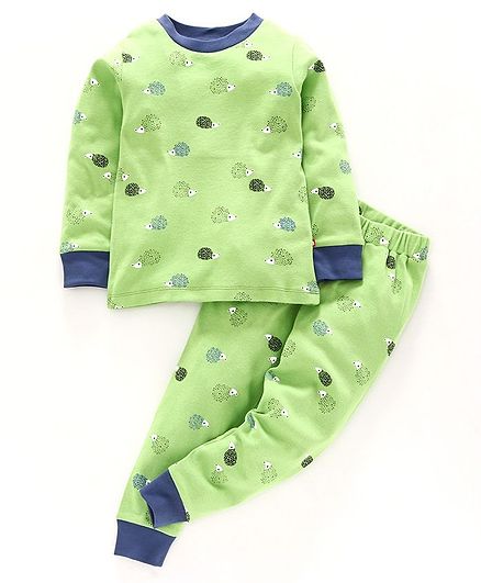 Nino Bambino 100% Organic Cotton Full Sleeves Animal Print Night Suit - Green