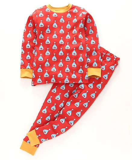 Nino Bambino 100% Organic Cotton Full Sleeves Fish Print Night Suit - Red