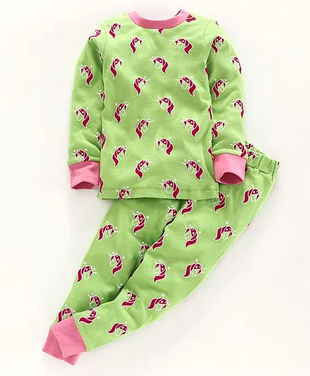 Nino Bambino 100% Organic Cotton Full Sleeves Horse Print Night Suit - Green