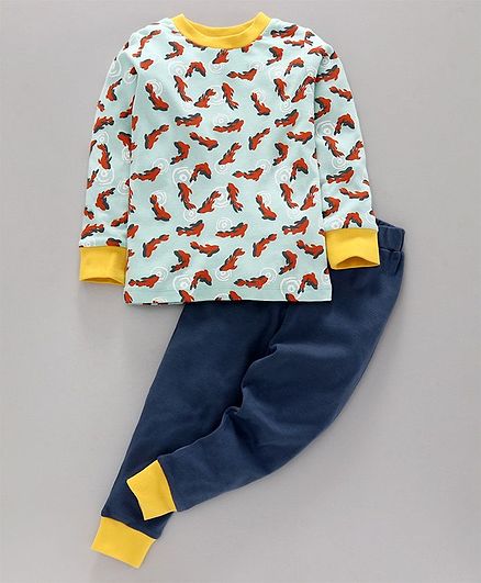 Nino Bambino 100% Organic Cotton Full Sleeves Fish Print Night Suit - Blue