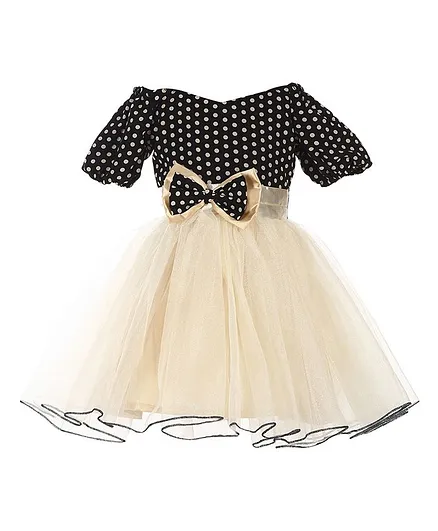 Samsara Couture Half Sleeves Polka Dot Print Dress - Golden & Black