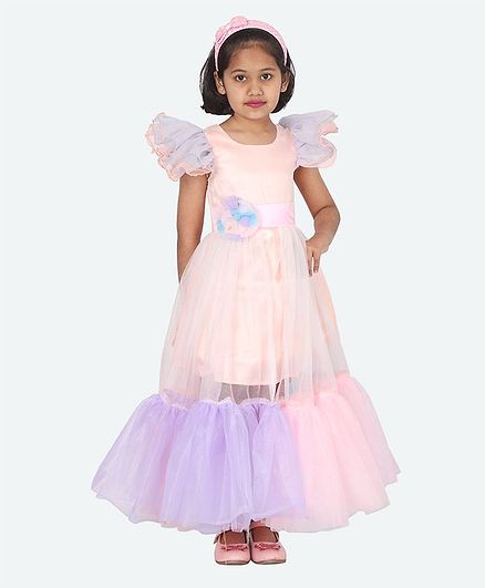 Samsara Couture Flower At Waistline Short Sleeves Gown - Peach