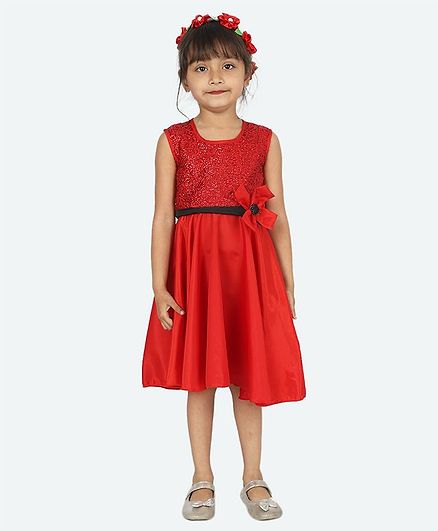 Samsara Couture Sleeveless Glitter Finish Yoke Dress - Red