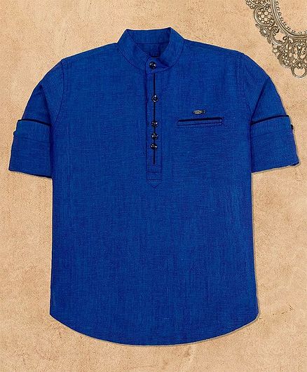 Charchit Full Sleeves Textured Solid Kurta With Pocket - Blue