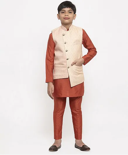 Maxence Full Sleeves Kurta With Printed Jacket & Pajama Set - Brown & Beige