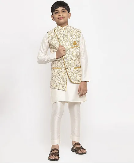 Maxence Full Sleeves Kurta With Printed Jacket & Pajama Set - Off White