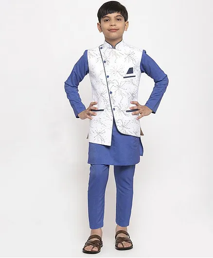 Maxence Full Sleeves Kurta With Printed Jacket & Pajama Set - Blue