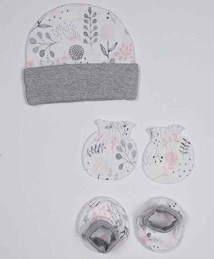 Grandma's Cotton Cap Mittens & Booties Set Floral Print Grey - Diameter 11 cm