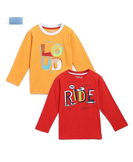 Li'L tomatoes Full Sleeves Pack Of Two Loud Print Tee With 3 Ply Face Mask - Red Yellow