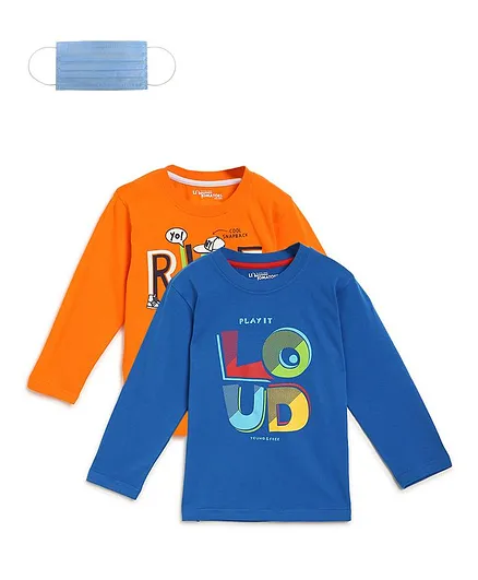 Li'L tomatoes Full Sleeves Pack Of Two Loud Print Tee With 3 Ply Face Mask - Orange Blue