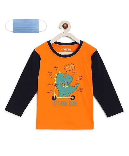 Li'L tomatoes Full Sleeves Dinosaur Print Tee With 3 Ply Face Mask - Orange