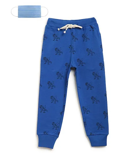 Li'L tomatoes Dinosaur Print Track Pants With 3 Ply Face Mask - Blue