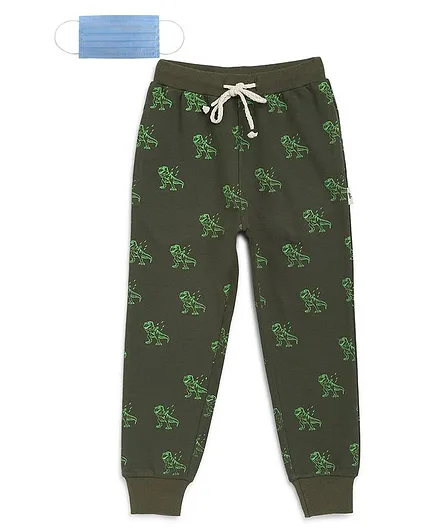 Li'L tomatoes Dinosaur Print Track Pants With 3 Ply Face Mask - Dark Green