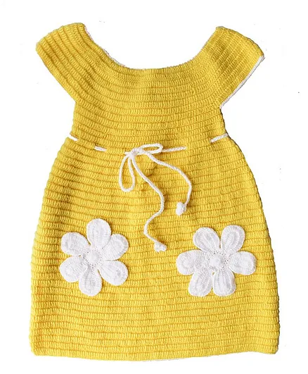 Woonie Short Sleeves Flower Work Dress - Yellow