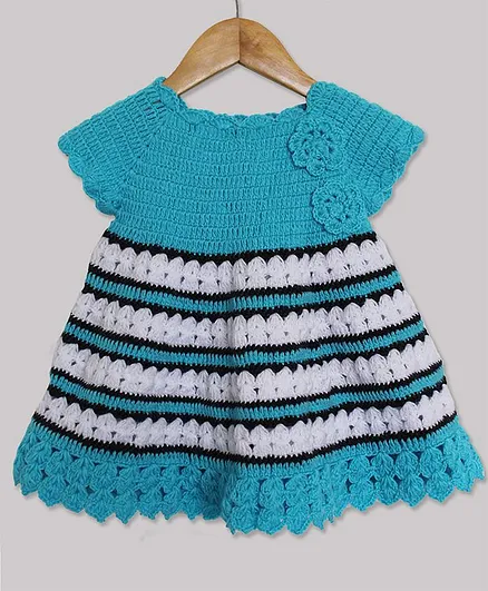 Woonie Short Sleeves Striped A Line Dress - Blue